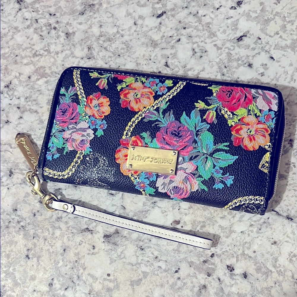 Black/Gold/Purple Betsey Johnson Floral Wristlet Wallet